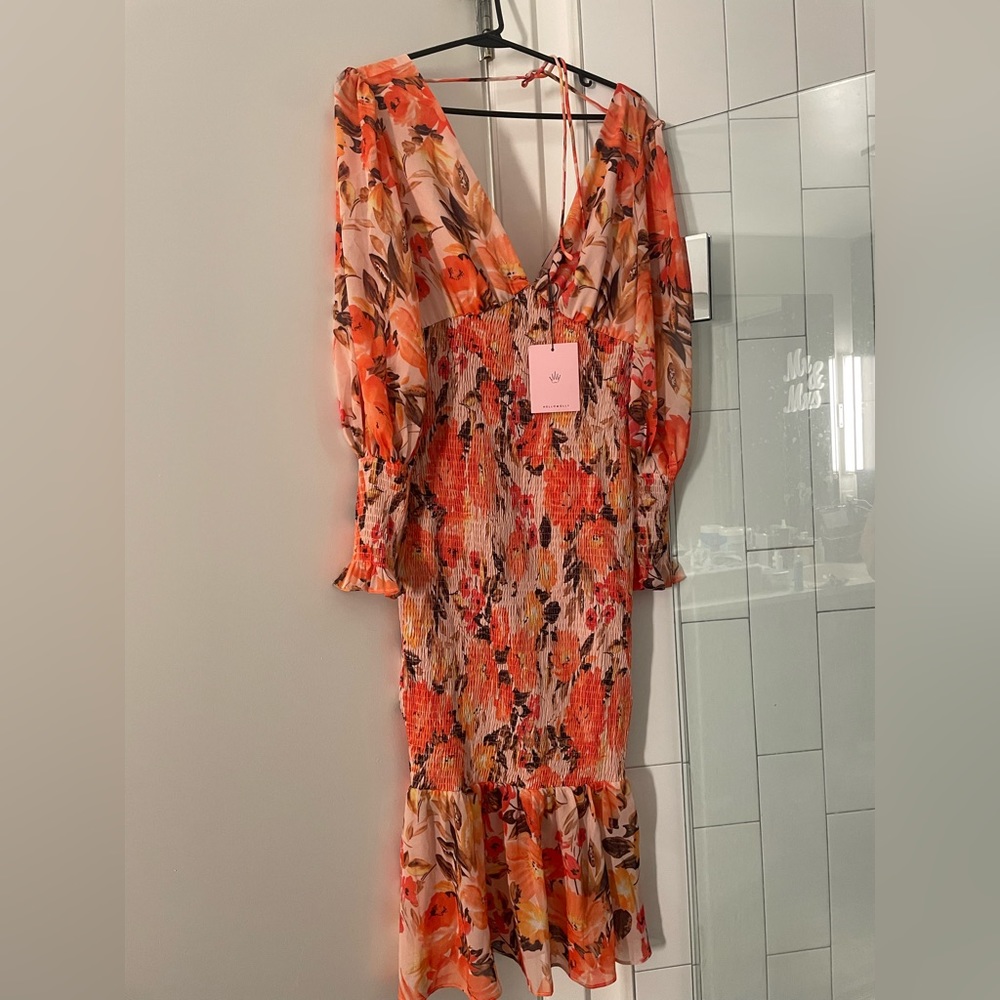 Hello Molly, floral orange midi dress with scrunch waist  contour center